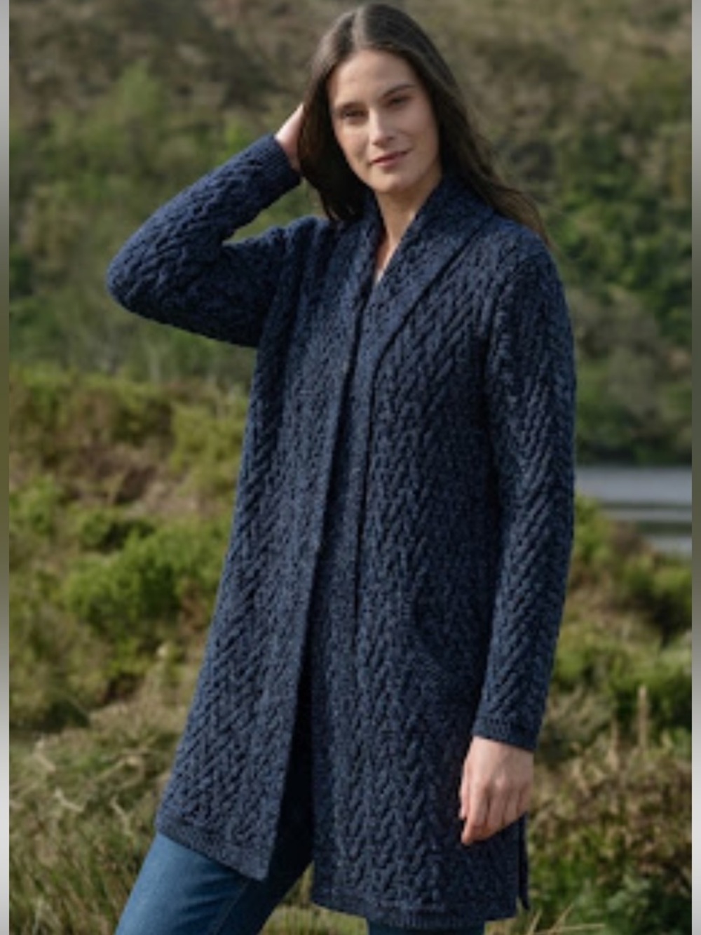 ARAN CRFT NEW Made In Ireland Herringbone Knit Shawl Cardigan In Blue /Gray Sz L